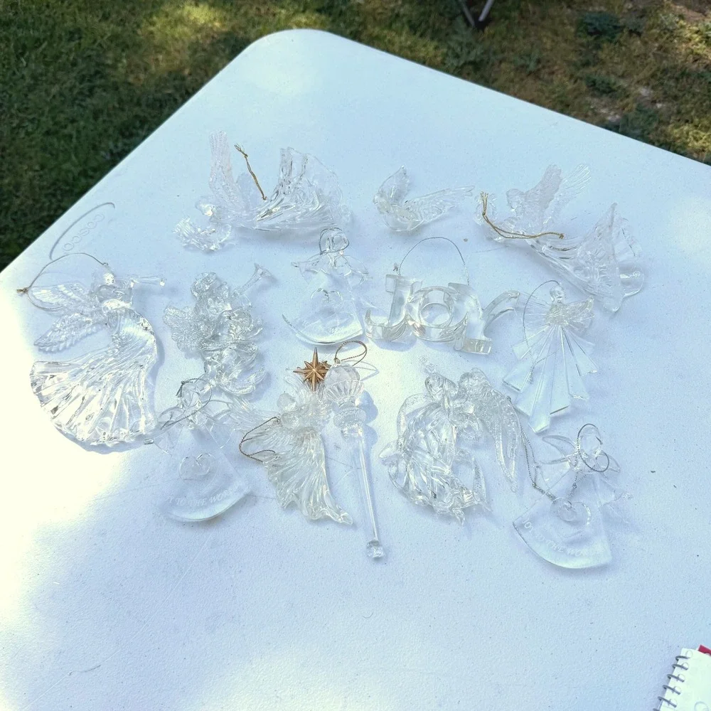 Christmas Ornament Lot 12pc Clear Acrylic Angels Joy Doves Clear